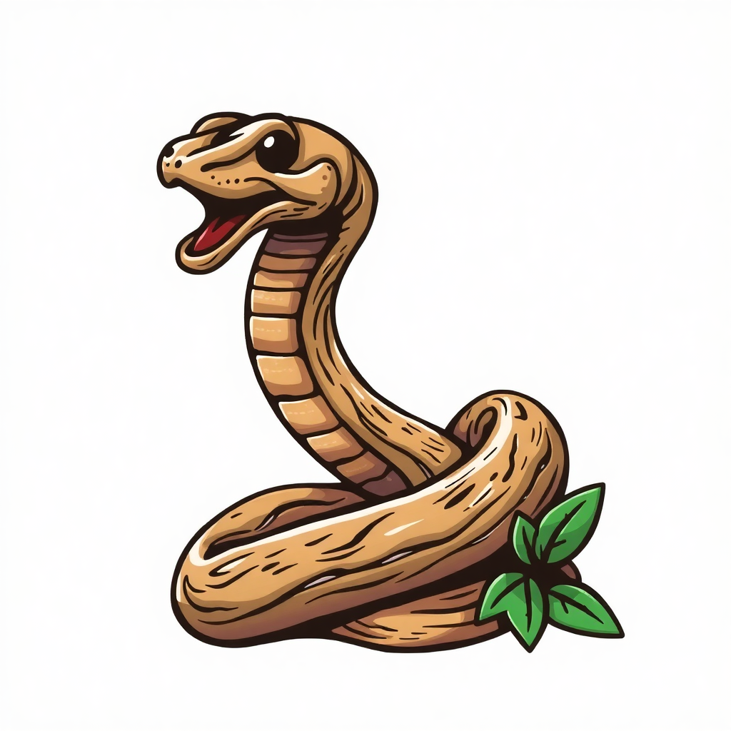 The image is a cartoon illustration of a cobra. The cobra is shown in a side view, with its head turned to the side and its mouth open, as if it is roaring or roaring. Its body is curved and its head is pointed upwards. The snake's skin is a light brown color and its eyes are black. There are two green leaves on either side of the cobra, one on top of the other. The background is white.