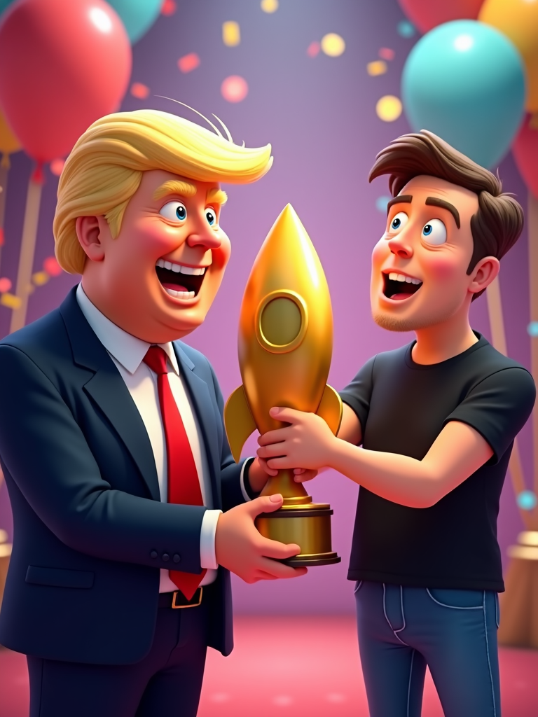 Cartoon Donald Trump presenting a giant golden trophy shaped like a rocket to Elon Musk, depicted with an overly enthusiastic grin and wide eyes.