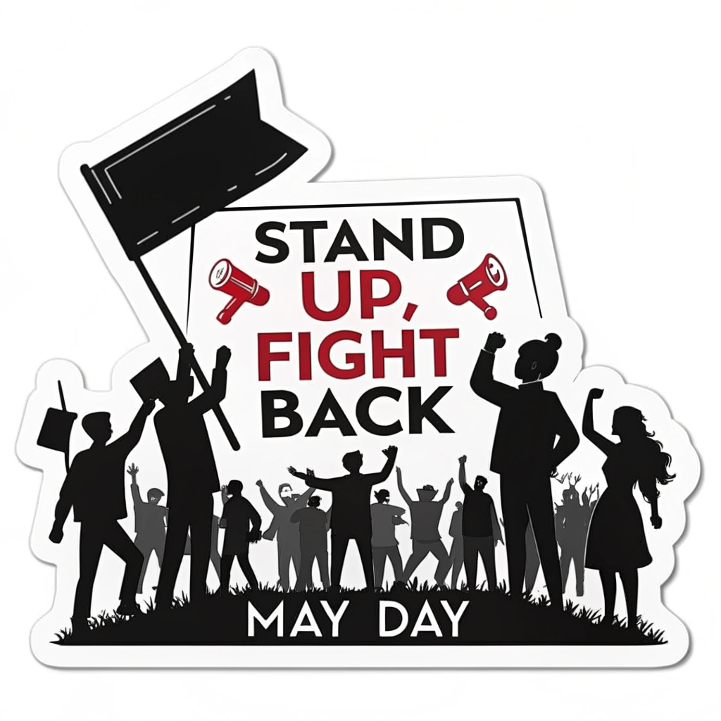 Sub-design Idea 2: Crowd of Signs. Silhouette of a crowd holding multiple protest signs. One central sign reads 'Stand Up, Fight Back.' Other signs can be blank or show generic protest symbols. 'May Day' integrated subtly or as a date. Monochromatic with a single accent color (e.g., black silhouettes with red text).