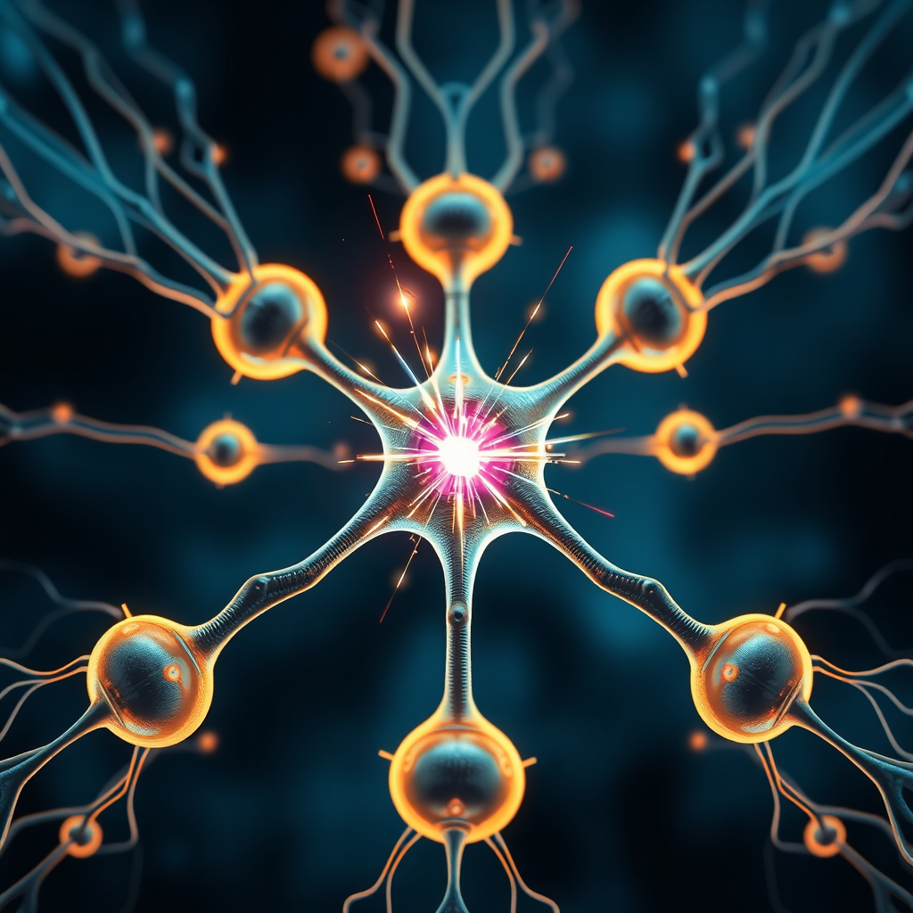 Sub-design 3 (Synaptic Burst): Focus on two or three prominent nodes forming a connection point. A vibrant 'spark' or energy burst emanates specifically from this junction, highlighting the moment of connection and information exchange, with subtle energy trails.