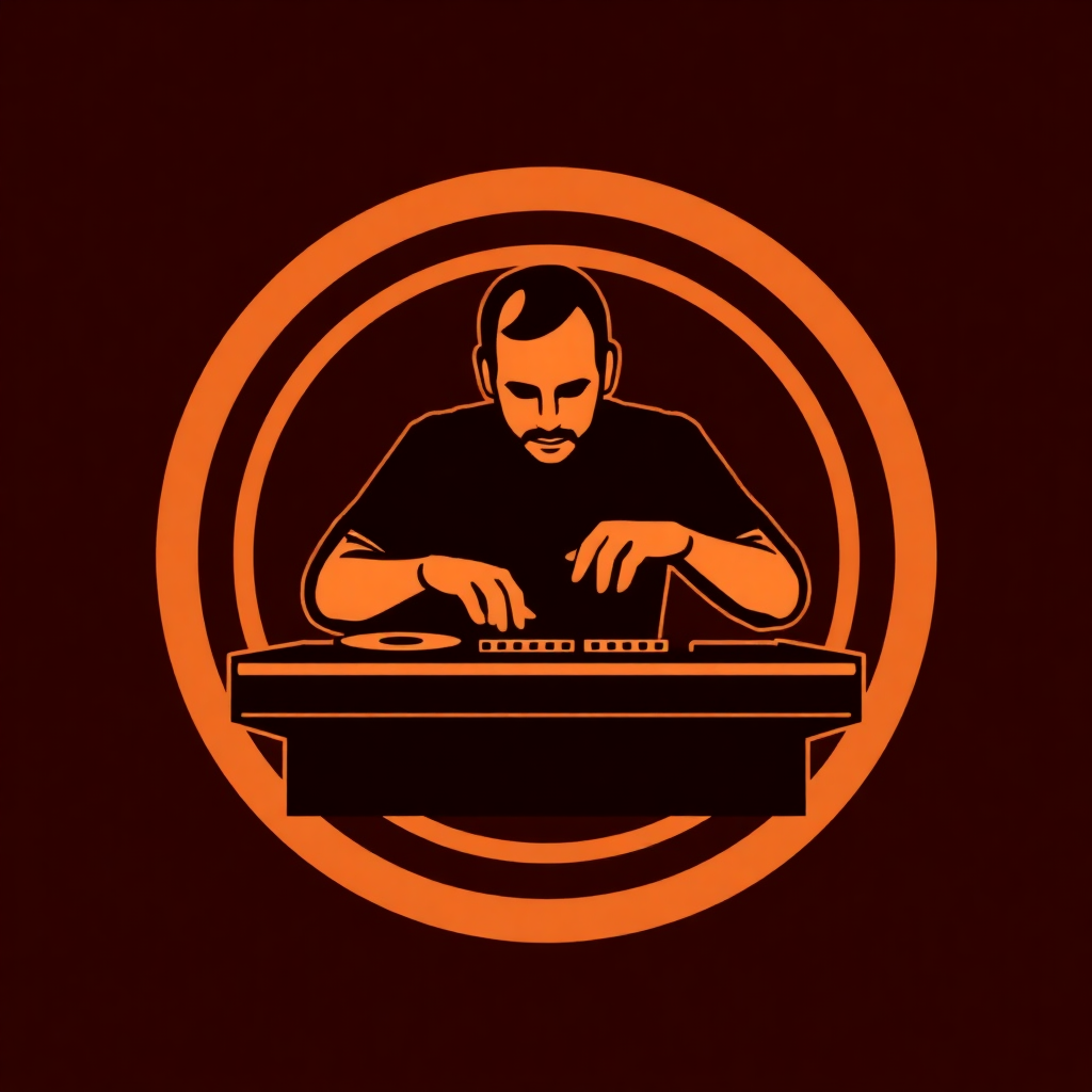 The image is a graphic illustration of a DJ playing music on a turntable. The DJ is wearing a black t-shirt and has a beard and mustache. He is sitting at a desk with a DJ controller in front of him. The background is a dark red color with an orange circle in the center. The circle has a diagonal line through it, creating a sense of depth and dimension. The overall design is simple and minimalistic.