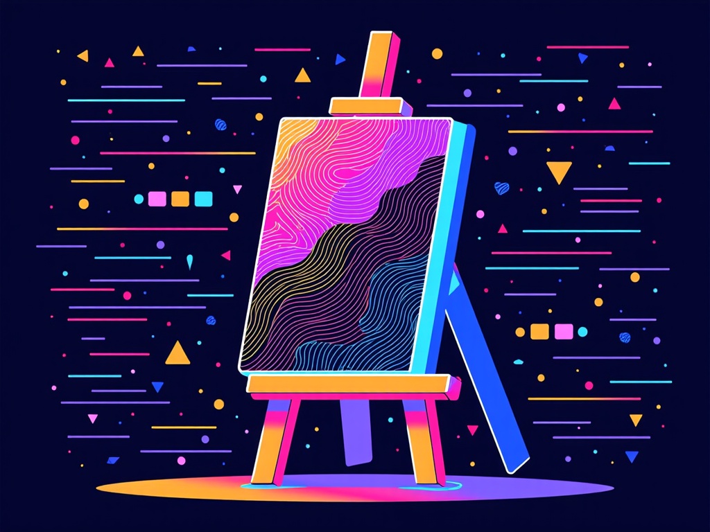 A digital easel displaying a constantly morphing artwork, with lines of code subtly integrated into the brushstrokes or canvas texture, symbolizing the 'Algorithmic Easel'.