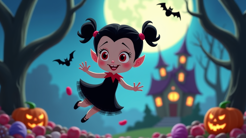 The image is a digital illustration of a cute little girl dressed up as a vampire. She is wearing a black dress with a red bow on her head and has two black hair tied up in two pigtails. She has a big smile on her face and is flying through the air with her arms outstretched. In the background, there are trees with bare branches and a full moon in the sky. On the right side of the image, there is a purple castle with orange lights and bats flying around it. In front of the castle, there there are several pumpkins and candy corn scattered around. The overall theme of the illustration is Halloween.