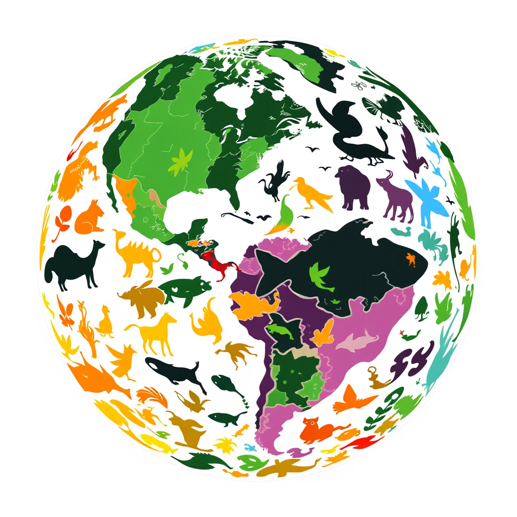 A globe composed of a mosaic of stylized animal and plant silhouettes. Each silhouette piece (e.g., a leaf forming part of a continent, a fish for an ocean area) uses vibrant, contrasting colors to emphasize global biodiversity.