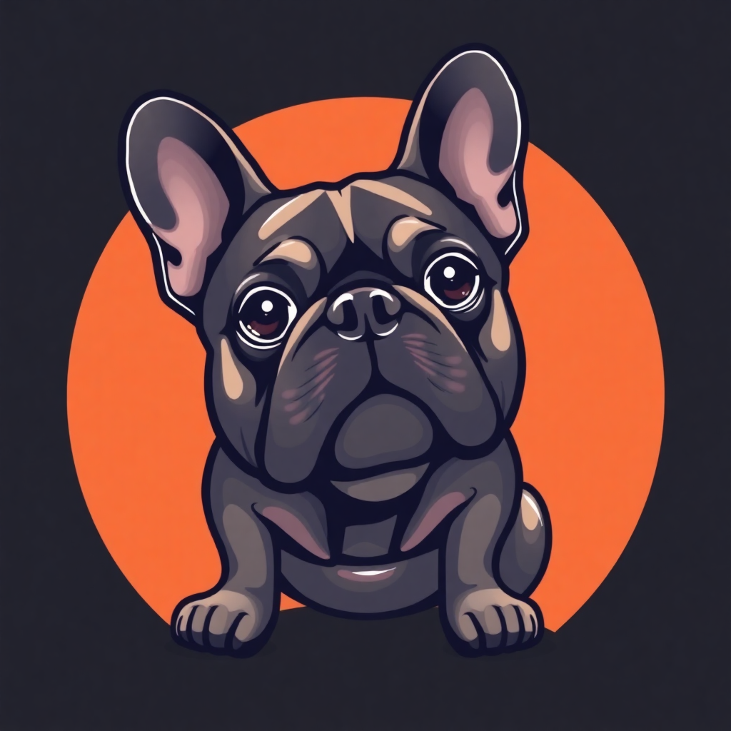 The image is a digital illustration of a French Bulldog sitting in front of an orange circle. The dog is black in color and has a round face with big, round eyes and a small nose. Its ears are perked up and its mouth is slightly open, as if it is looking directly at the viewer. The background is black, making the dog stand out. The overall style of the illustration is cartoon-like and playful.