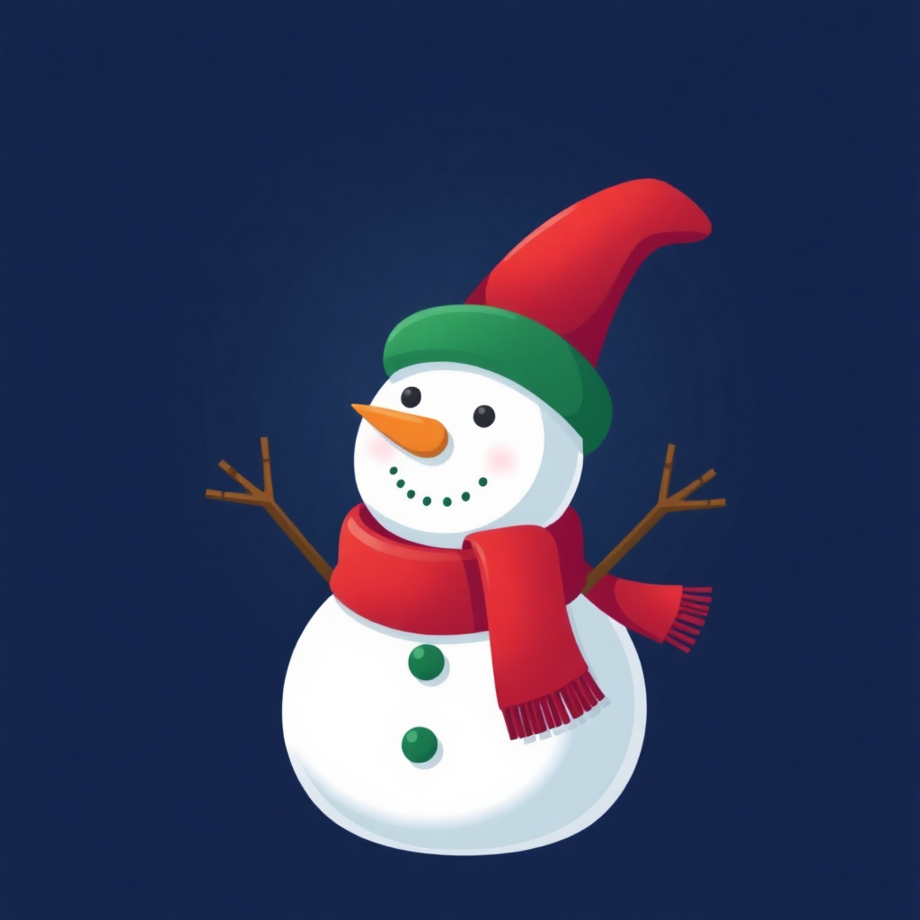 The image shows a snowman wearing a red hat and scarf against a blue background.