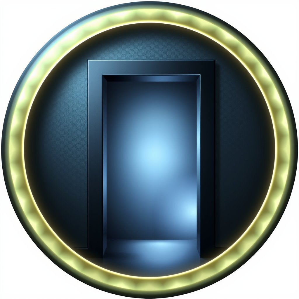 A circular icon with a glowing, segmented ring forming the door's frame, suggesting a portal. The door itself is a dark rectangle with subtle, shifting light patterns within.