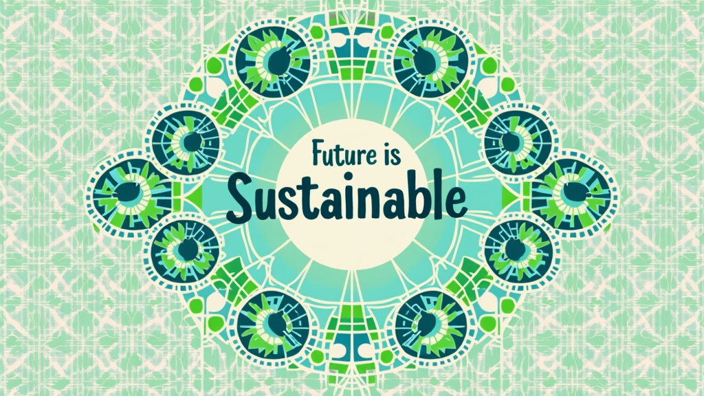T-Shirt Design 5: An abstract pattern of interconnected circular shapes, representing a circular economy and interconnected systems, in varying shades of green and blue. The phrase 'Future is Sustainable' is integrated into the pattern in a subtle yet readable way.