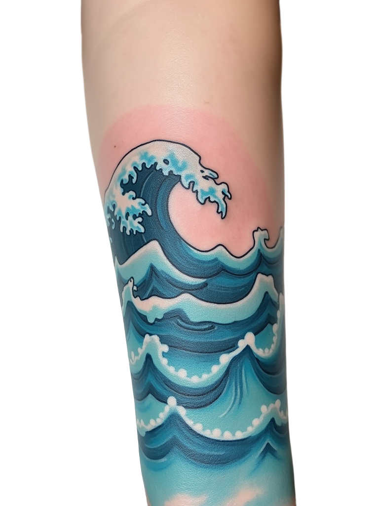 Azure ocean waves tattoo crest over the wrist, marked by white foamy crests and fluid lines, evoking feelings of calm and change.