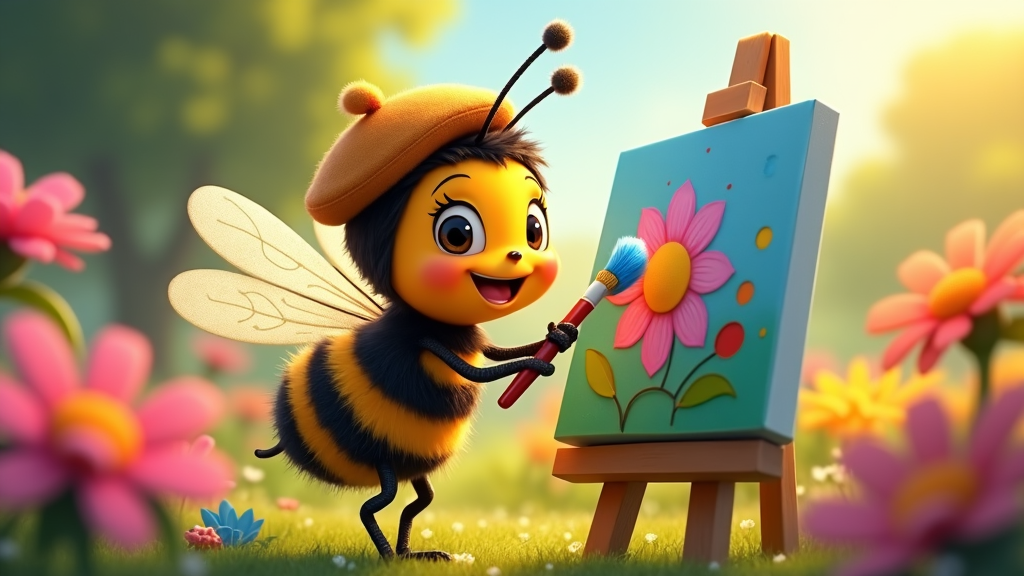 A cartoon bee, donned in a painter's beret, applying vibrant colors to a canvas nestled in a blooming garden.