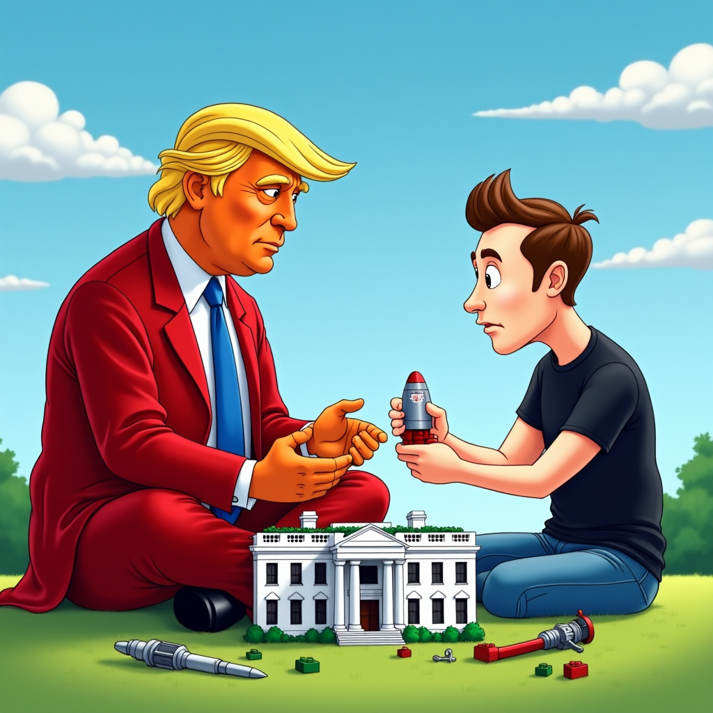 A colorful cartoon of Donald Trump building a Lego model of the White House, while Elon Musk assembles a miniature SpaceX spaceship nearby.