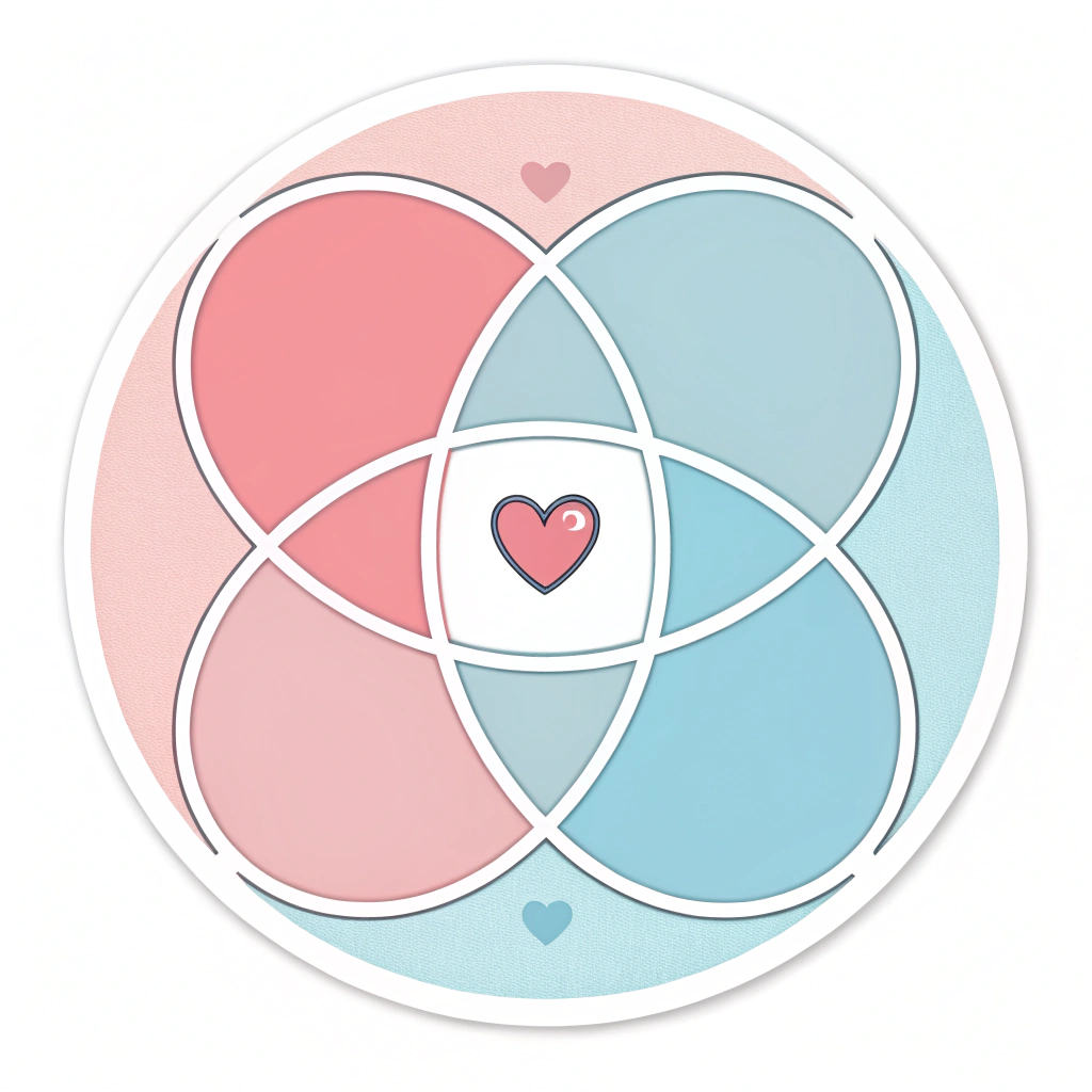 Two overlapping circles forming a Venn diagram, one in light pink and the other in light blue, with a small heart at the intersection.