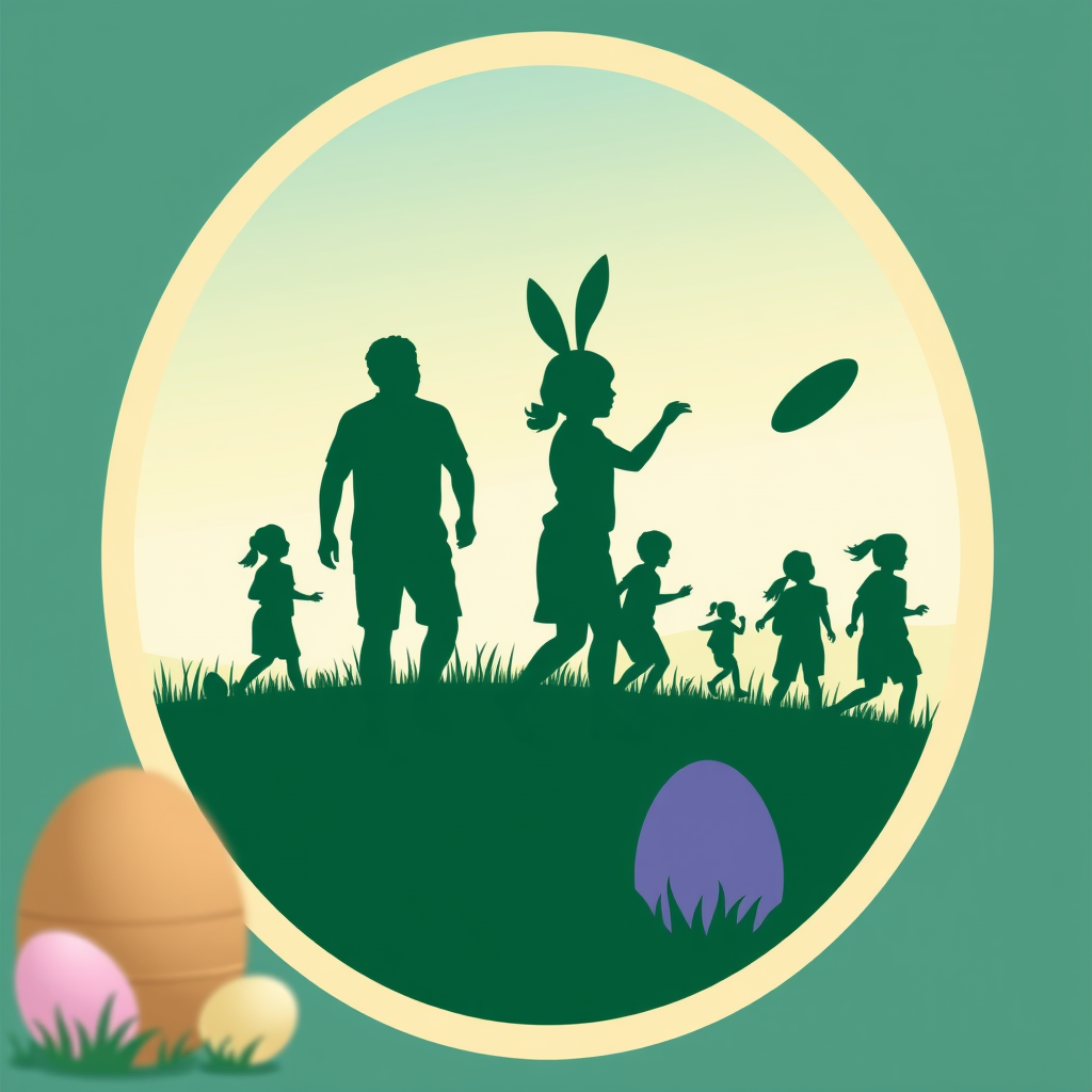 Icon showing silhouettes of people playing outdoor games like egg hunts or frisbee, with Easter-themed elements subtly incorporated (e.g., bunny ears on a silhouette).