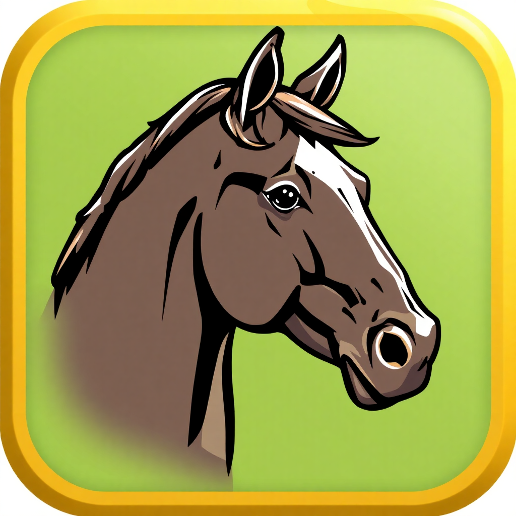 The image is a square icon with a green background and a yellow border. In the center of the icon, there is a portrait of a horse's head. The horse is facing towards the right side of the image, with its head turned slightly to the left. Its mane and tail are flowing in the wind, and its eyes are looking directly at the viewer. The overall style of the illustration is cartoon-like, with bold lines and bright colors.