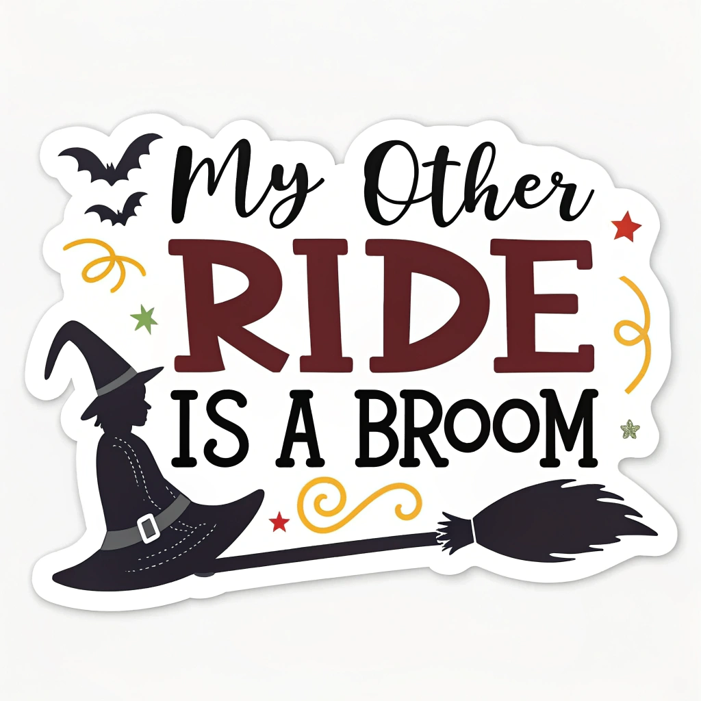 Design option 2: 'My other ride is a broom' with a witch hat icon.