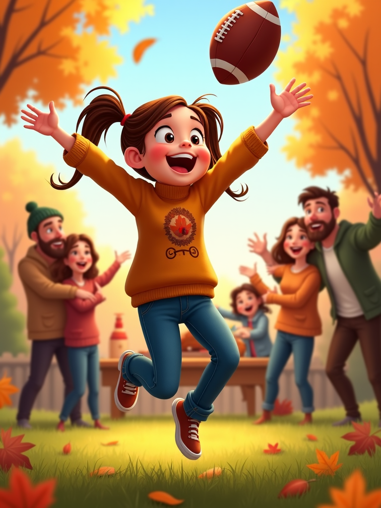 The loud cheer as a girl in ponytails catches a football, embraced by her family's excited hugs on a crisp Thanksgiving afternoon.