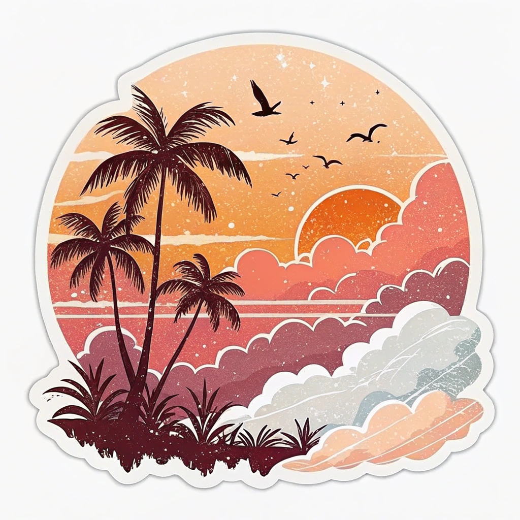 The image is a circular sticker with a colorful illustration of a tropical scene. The background is a gradient of orange, pink, and yellow, with the sun setting in the top right corner. The sky is filled with white clouds and there are a few birds flying in the sky. In the center of the image, there are three palm trees and a small island with palm trees. The island is surrounded by a body of water and there is a small wave crashing against the shore. The overall style of the illustration is cartoon-like and whimsical.