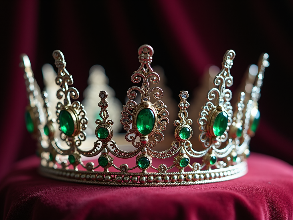 Close-up of a crown featuring intricate filigree work and vibrant emeralds set amidst a backdrop of velvet.