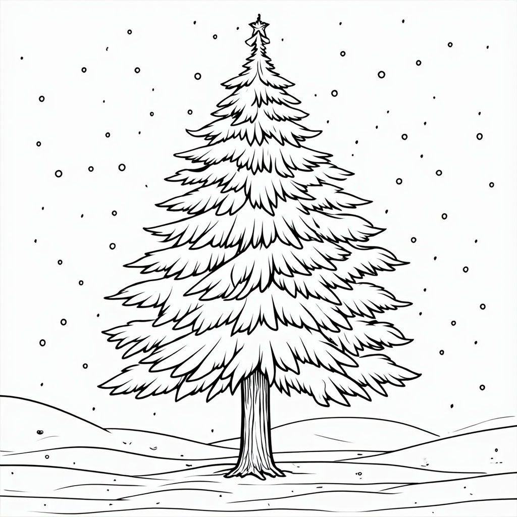 The image is a black and white line drawing of a Christmas tree. The tree is tall and slender with a pointed top and a conical trunk. It is covered in snowflakes and has a star on top. The background is a snowy landscape with hills and mountains in the distance. The sky is filled with small white dots, creating a dappled effect. The overall mood of the image is peaceful and serene.