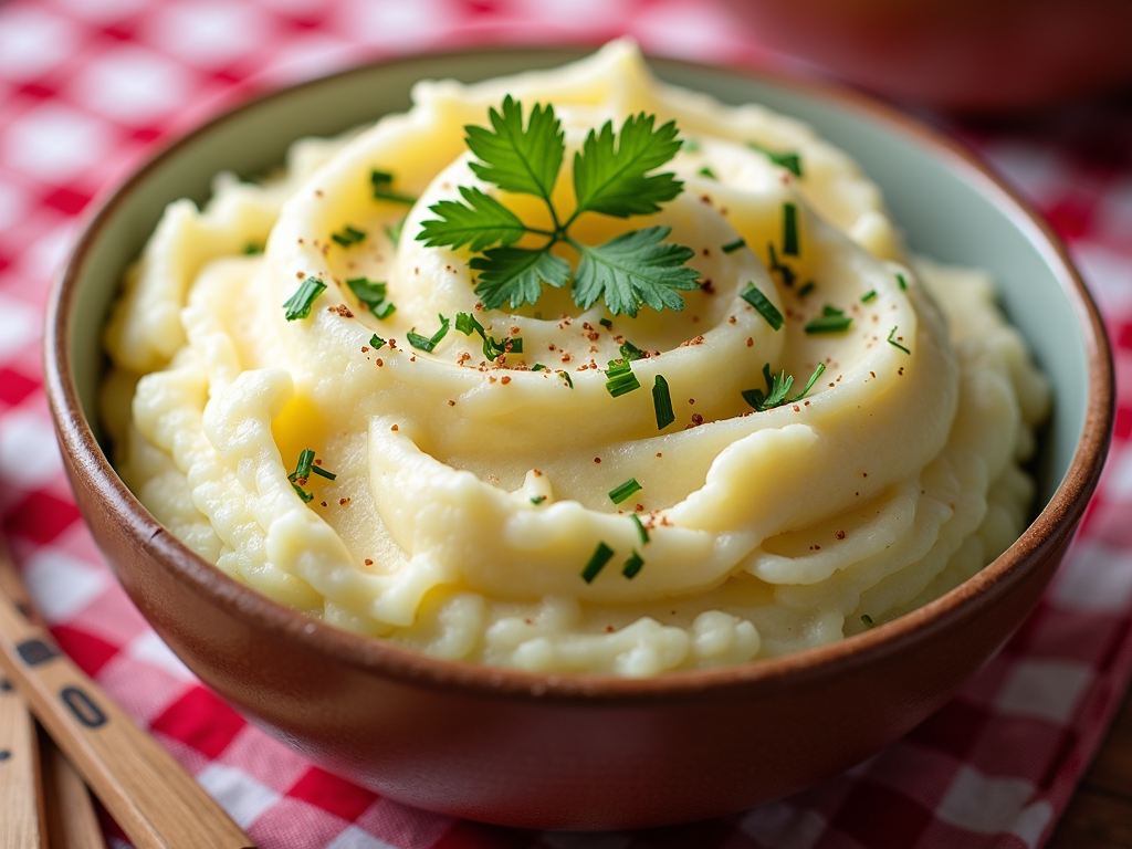 A bowl full of fluffy mashed potatoes topped with freshly chopped parsley and garlic, presented on a country-style checkered cloth.