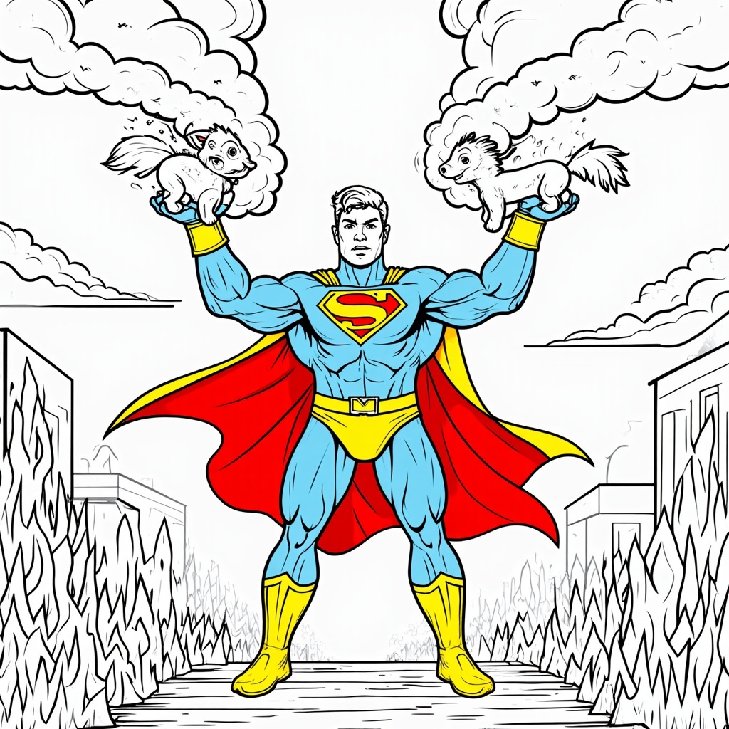 A scene where a superhero is rescuing animals from a burning building, emphasizing compassion and bravery.