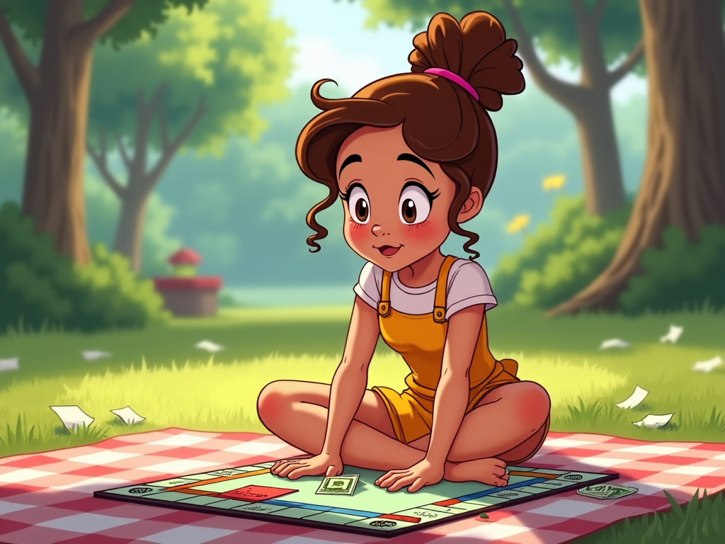 Amidst a park, a girl sits cross-legged as she focuses intently on a Monopoly board laid out on a picnic blanket. Her Monopoly-themed outfit, replete with fake bank notes falling out of her pockets, adds a whimsical flair, emphasizing her love for games and outdoor fun on a sunny day.