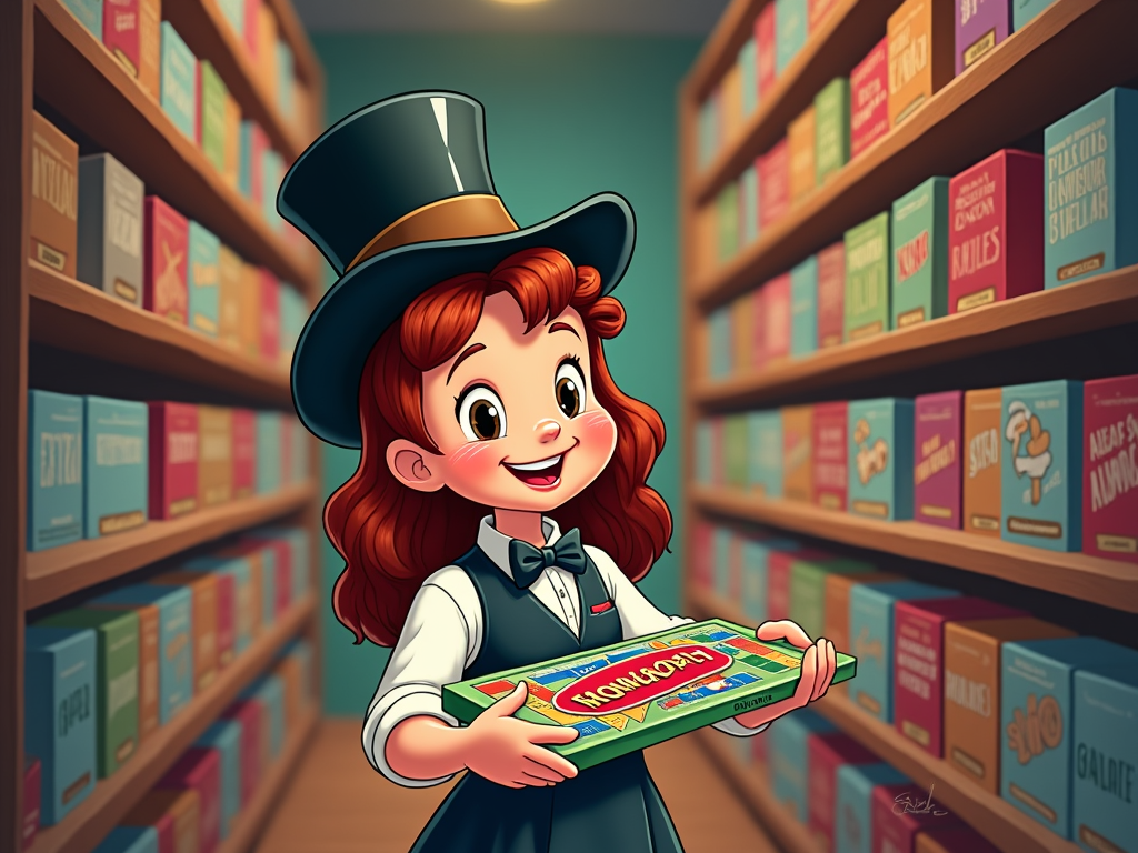 Inside a cozy bookstore, the girl, as Mr. Monopoly, enjoys browsing the game section. Her costume aligns with shelves of trivia and game rulebooks, reflecting a shared passion for learning and leisure, advocating the importance of games in enriching knowledge and family gatherings.