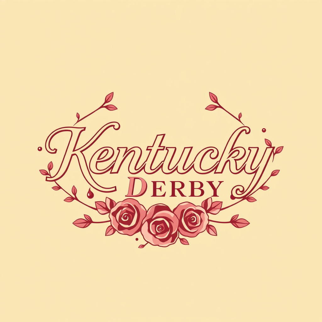 Sub-design Idea 2: A sophisticated typographic logo where the words 'Kentucky Derby' are artfully intertwined with delicate rose vine elements from the garland, suggesting organic connection and prestige.