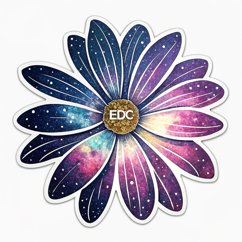 Galaxy Petals Daisy Sticker: Each petal of the daisy is a canvas for a swirling galaxy pattern – deep blues, purples, magentas with star clusters. The center could be a bright, pulsating star or 'EDC' in a futuristic font.