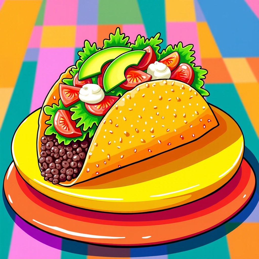 The image is an illustration of a taco on a colorful plate. The taco is yellow in color and has a sesame seed bun on top. It is filled with black beans, diced tomatoes, sliced avocado, and a dollop of sour cream. The plate is orange and the background is a rainbow-colored checkered tablecloth. The overall style of the illustration is cartoon-like.