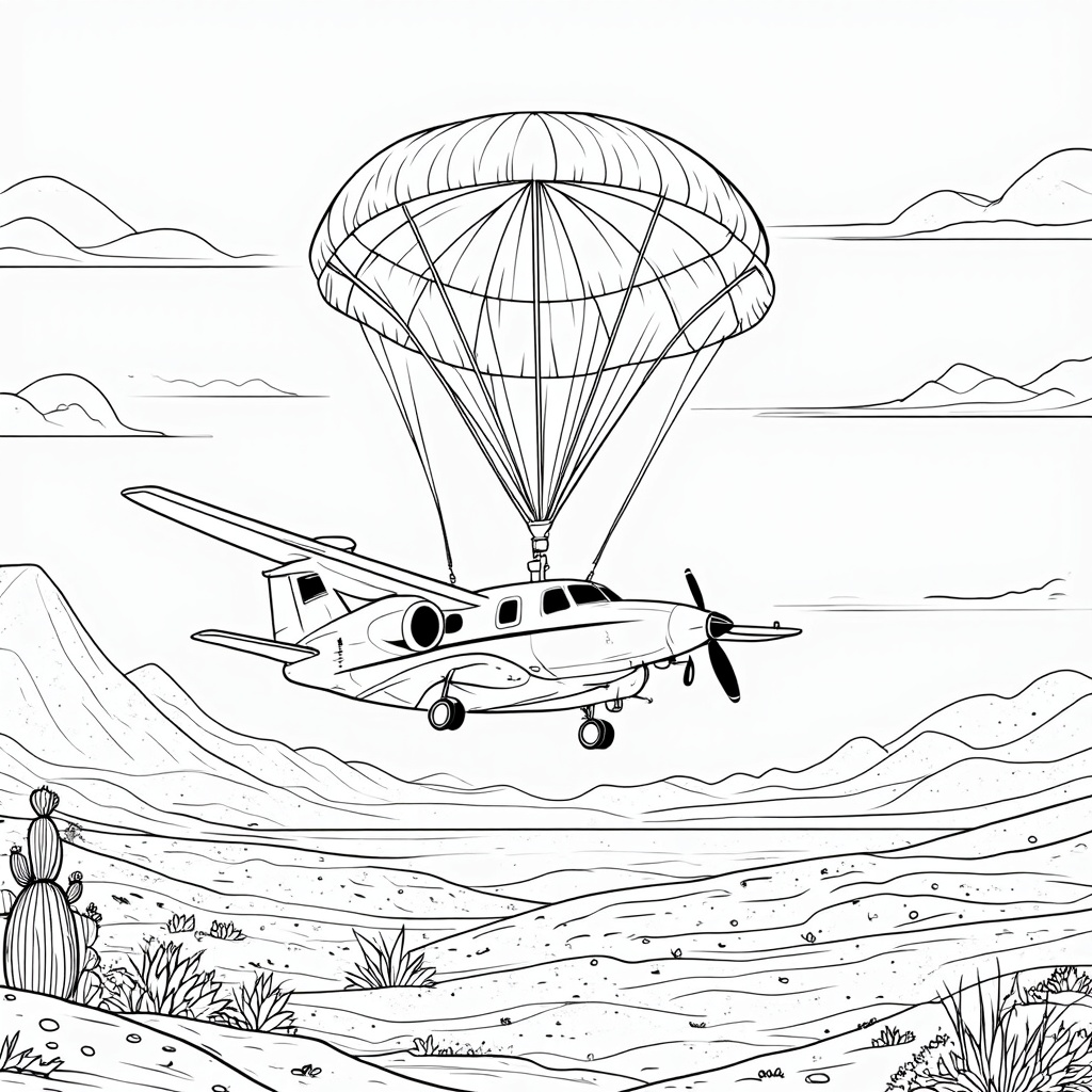 A scene depicting the Starliner gracefully descending under its fully deployed parachutes over a detailed desert landscape, characteristic of its landing zones, perhaps with distant mountains or ground features.