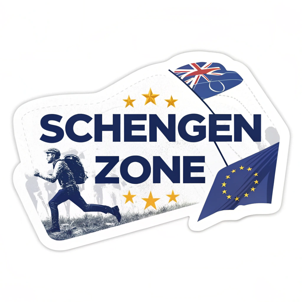 Design the sticker with the 'Schengen Zone' in a bold font, with the European Union flag.