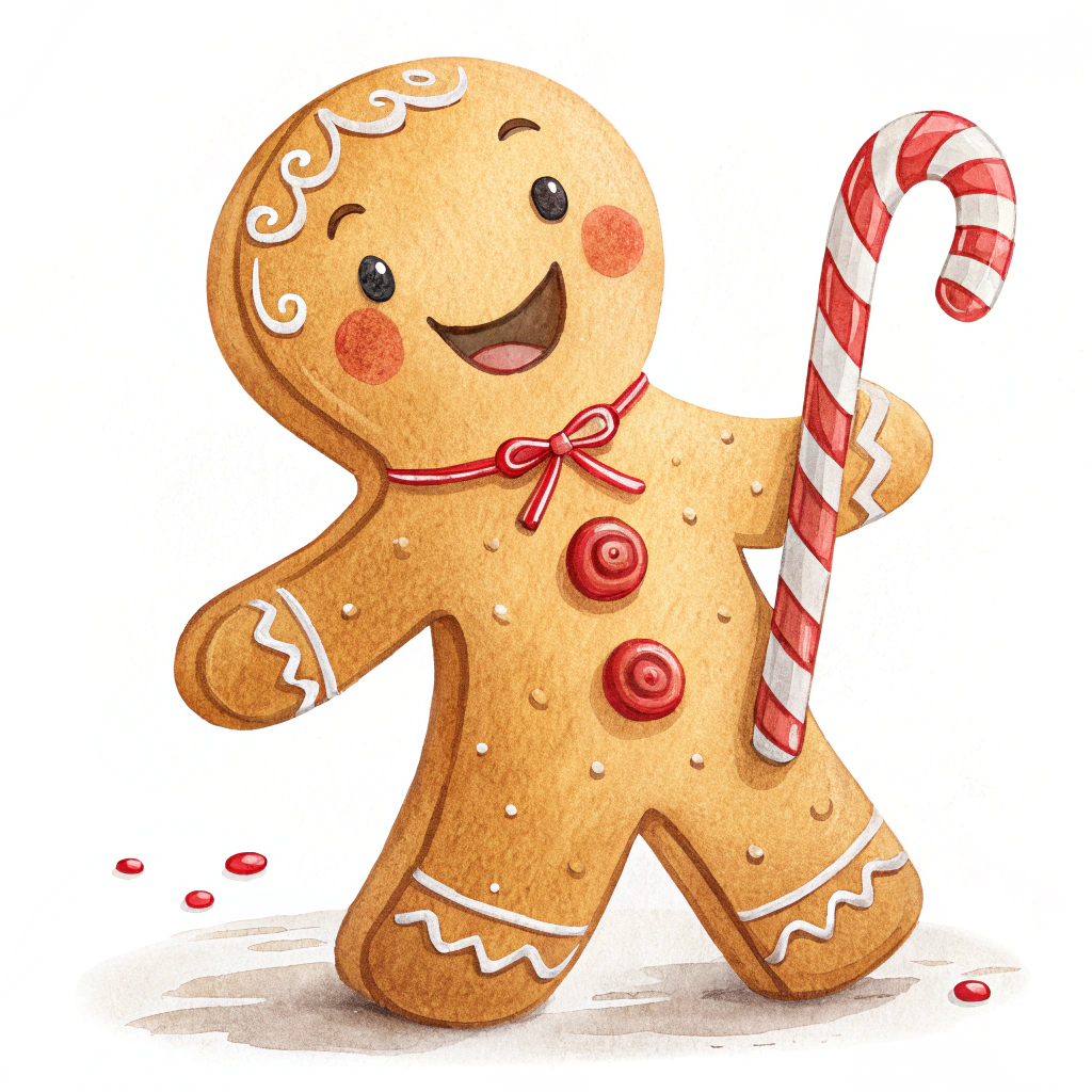 The image shows a watercolor painting of a gingerbread man holding a candy cane against a white background.