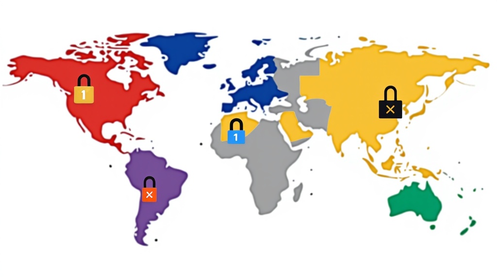 World map illustration: Use distinct colors or patterns for different countries/regions (e.g., EU, US, China, India) to represent varying levels or types of social media regulation. Overlay simple icons (like gavels, data locks, speech bubbles with crosses) to denote specific regulatory focuses.