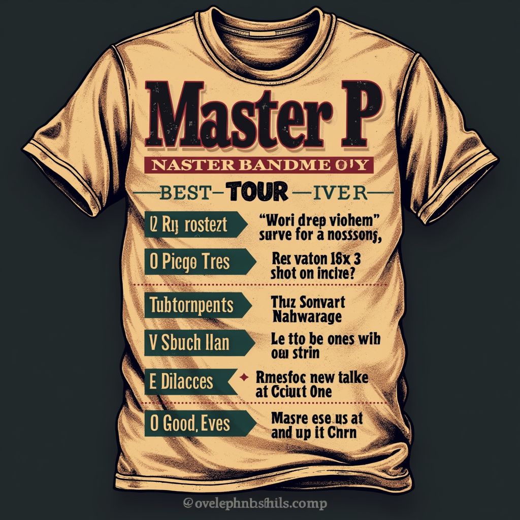 A design mimicking a vintage concert tour t-shirt. List 'Tour Dates' as significant milestones in Master P's life/career, with the 'Main Event' being the 'Birthday Bash'. Use distressed textures and a faded color scheme to enhance the retro feel.