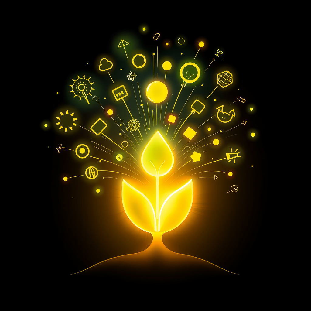 Generative Seed Sprouting Ideas: A glowing, abstract seed icon from which various dynamic shapes, lines, and light particles emanate and expand indefinitely, symbolizing the birth of countless creative possibilities.