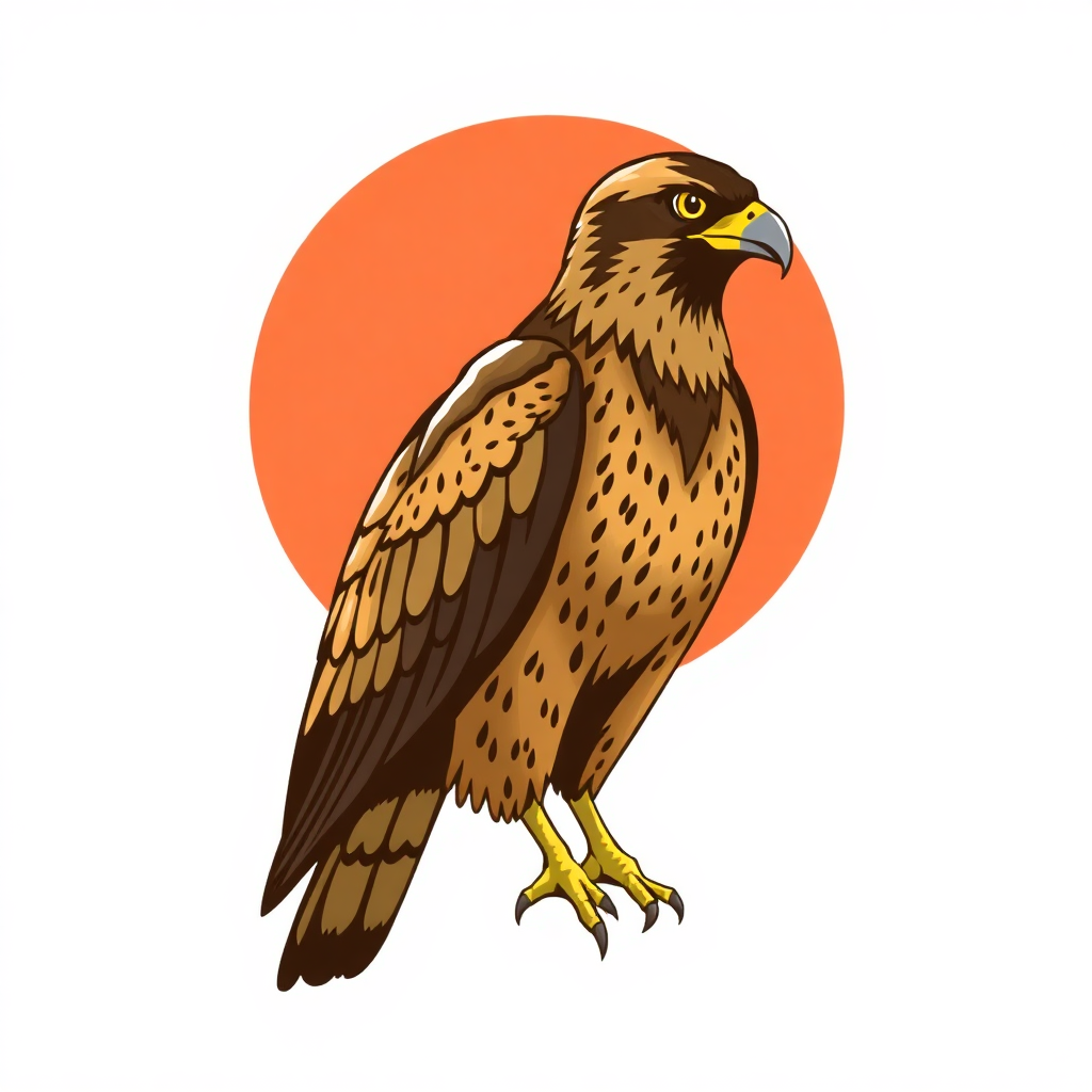 The image is a digital illustration of a bird of prey, specifically a hawk. The bird is facing towards the right side of the image, with its head turned slightly to the left. It has a brown body with black and white speckles on its wings and tail feathers. Its beak is yellow and its eyes are dark and alert. The background is a bright orange circle, which is the focal point of the illustration. The overall color scheme is predominantly brown and orange, with some hints of yellow and green.