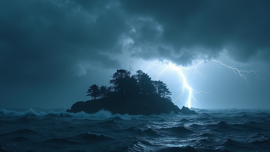 Thunderstorm wallpaper showcasing an ethereal sky above a small island. Lightning acts as nature's pyrotechnics, illuminating the silhouette of the dense, mystic trees. Rolling clouds mirror the restless sea, crafting an image as dynamic as it is unsettling—a captivating seascape captured at the height of its natural voltage.