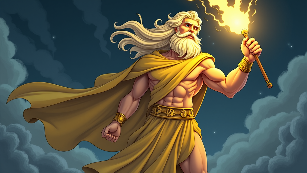 A majestic, golden statue of Zeus, striking a pose with his thunderbolt in hand, set against a backdrop of stormy clouds.