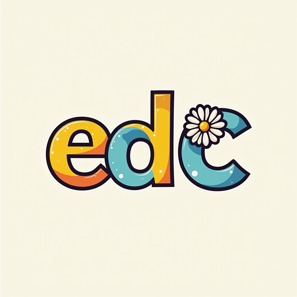 Simple Logo Idea: 'EDC' typography creatively integrated with a minimalist neon daisy element. For instance, the 'D' in 'EDC' could form a daisy petal, or a small neon daisy could replace a dot or become the center of a letter like 'O'.