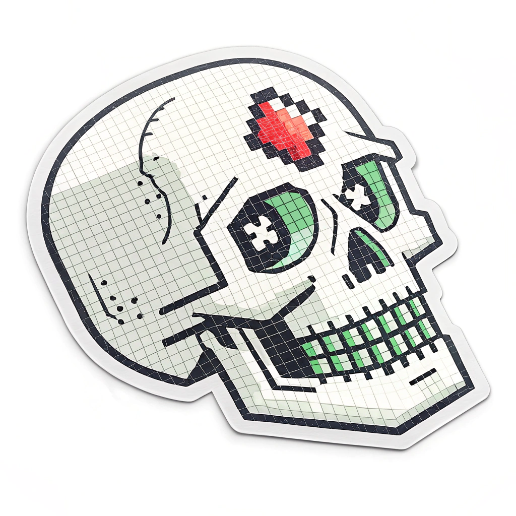 Simple Icon/Logo Idea (Minimalist Pixel Skull): A highly compact and minimalist pixel art skull. Created using a very small pixel grid (e.g., 8x8 or 10x10). The skull uses one primary color (e.g., white, toxic green, or dark grey) and features a single, distinctly colored pixel (e.g., bright red) as an eye or a small mark on the forehead to convey the 'warning' element. Designed for clear visibility at small sizes, no text.