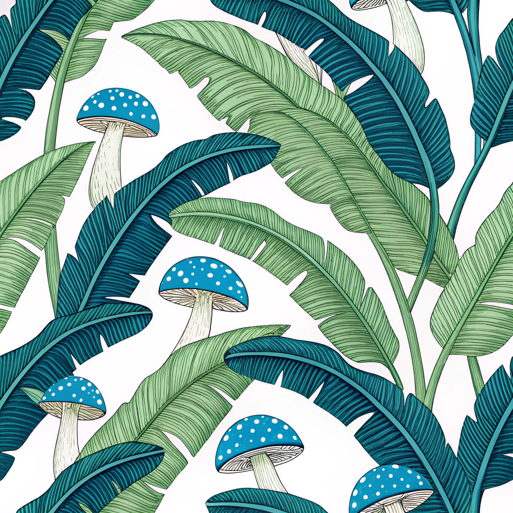 A contemporary motif displaying tropical banana leaves with bright blue mushrooms scattered throughout.