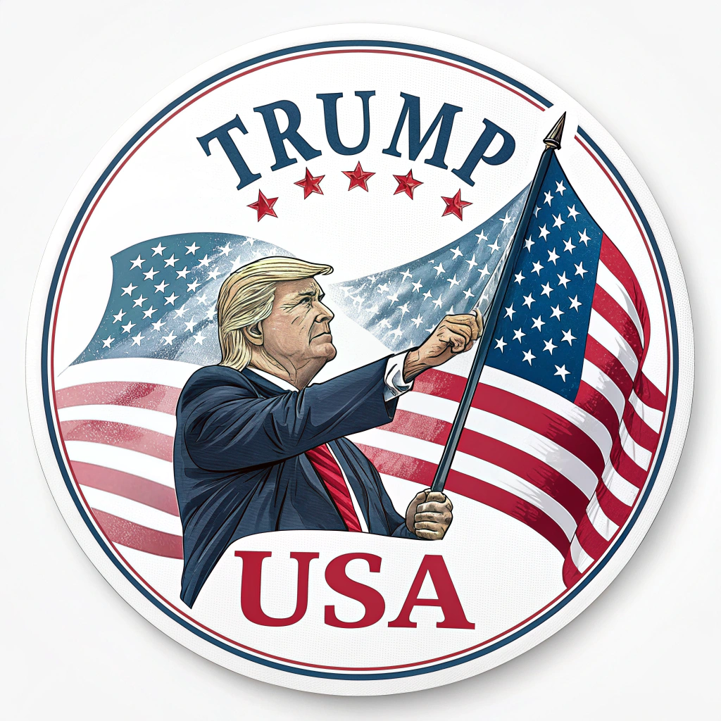 A badge-style sticker with a circular border, featuring a stylized portrait of Donald Trump waving the American flag. Text elements like 'Trump' or 'USA' could be included for added impact.