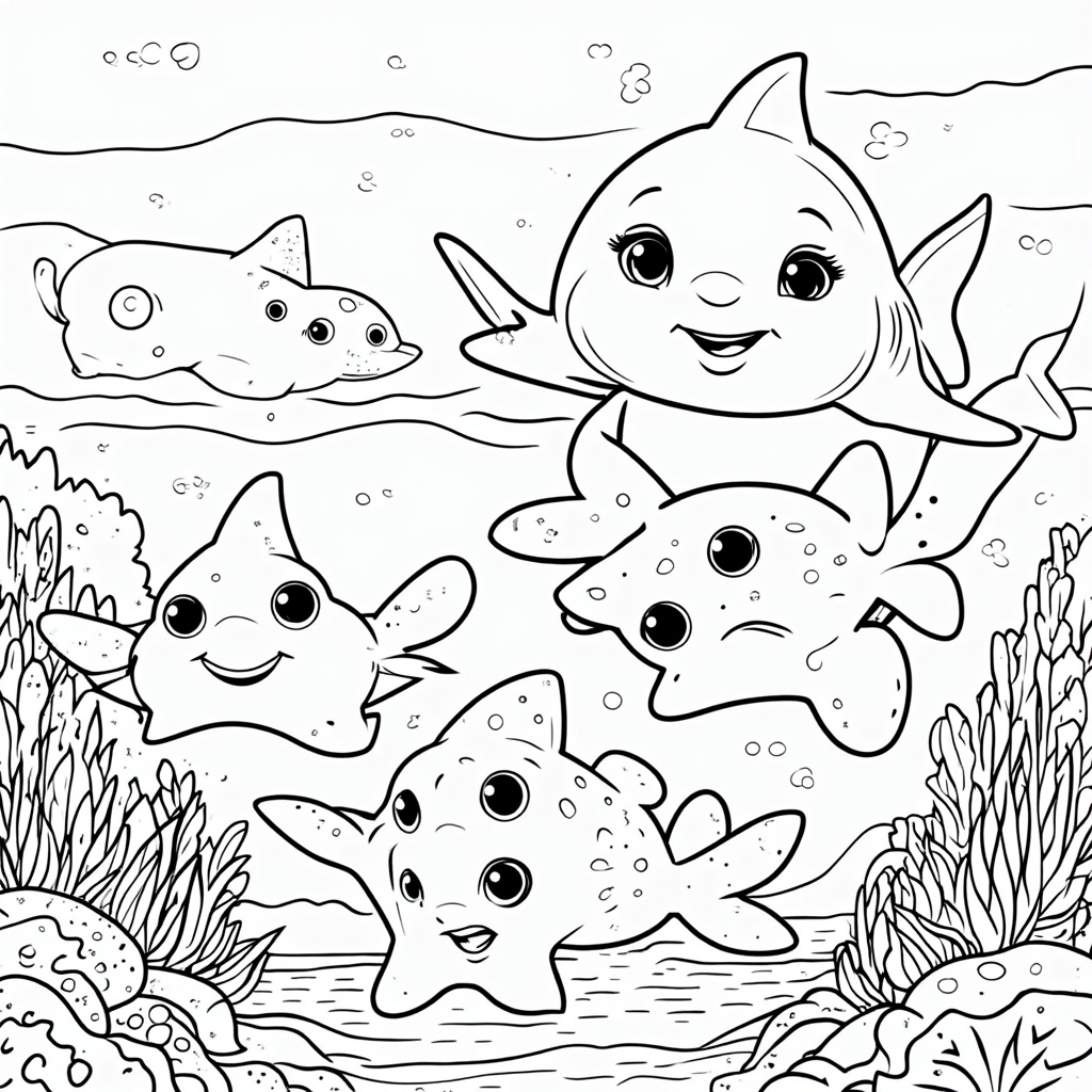 Cheerful baby shark helping a group of lost starfish find their way back to their coral home, pointing fins and guiding them through the water.