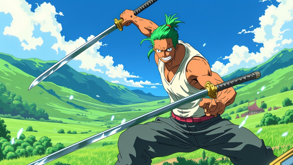 Stylized illustration of Roronoa Zoro, with intense focus and energy flowing through his swords, set against the lush backdrop of One Piece landscapes.