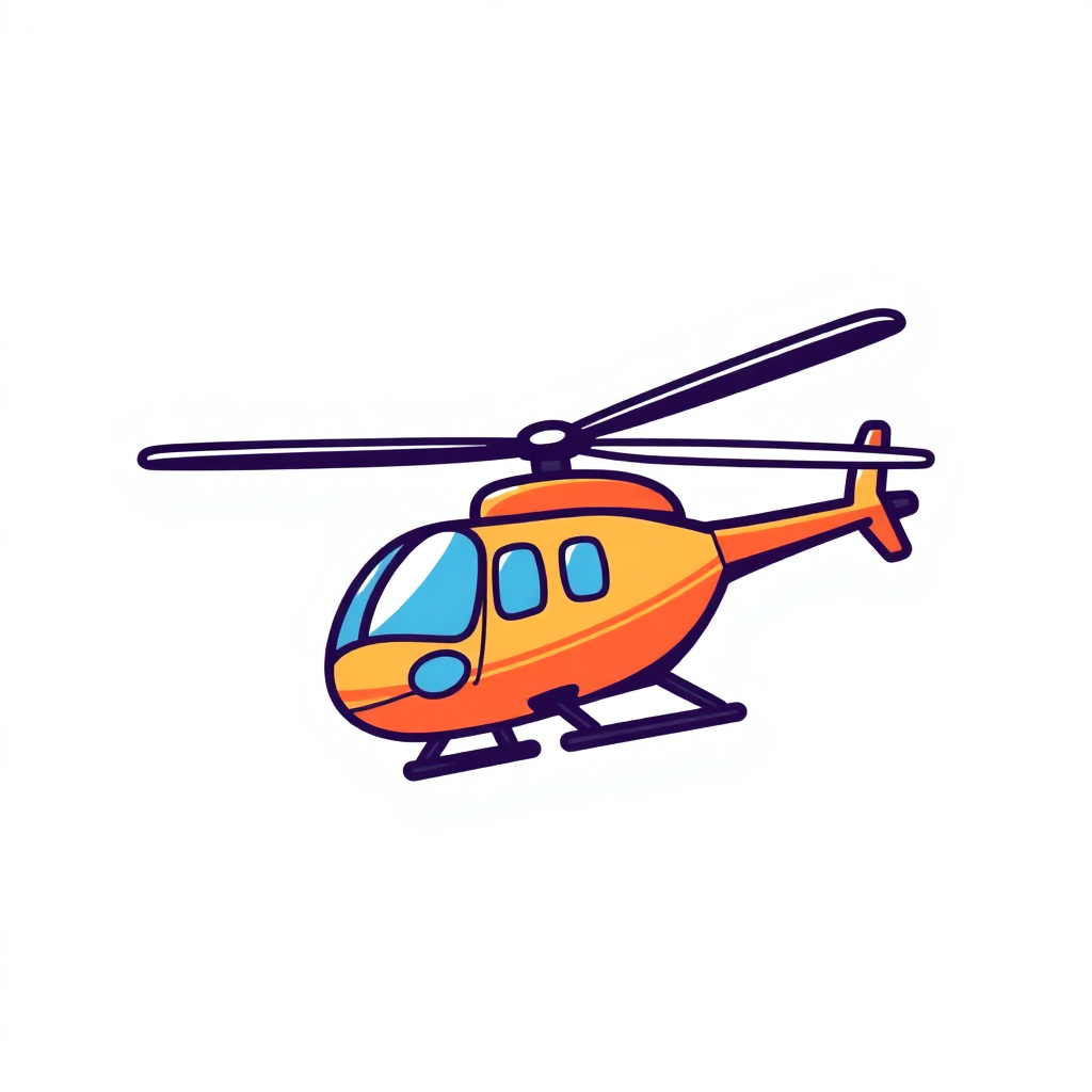 The image is a cartoon illustration of a helicopter. The helicopter is orange in color and has a sleek design with a pointed nose and two propellers on either side. It has two windows on the front and two on the back, and a small propeller at the front. The body of the helicopter is curved and appears to be in motion, as if it is flying. The background is white, making the helicopter stand out.