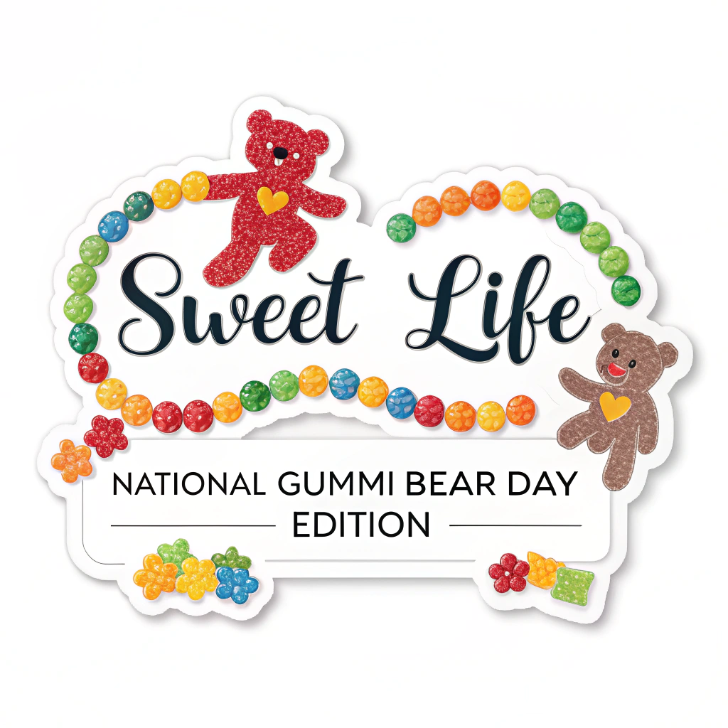 A design where the words 'Sweet Life' are formed out of interconnected gummi bears, with 'National Gummi Bear Day Edition' written below in a clean, complementary font.