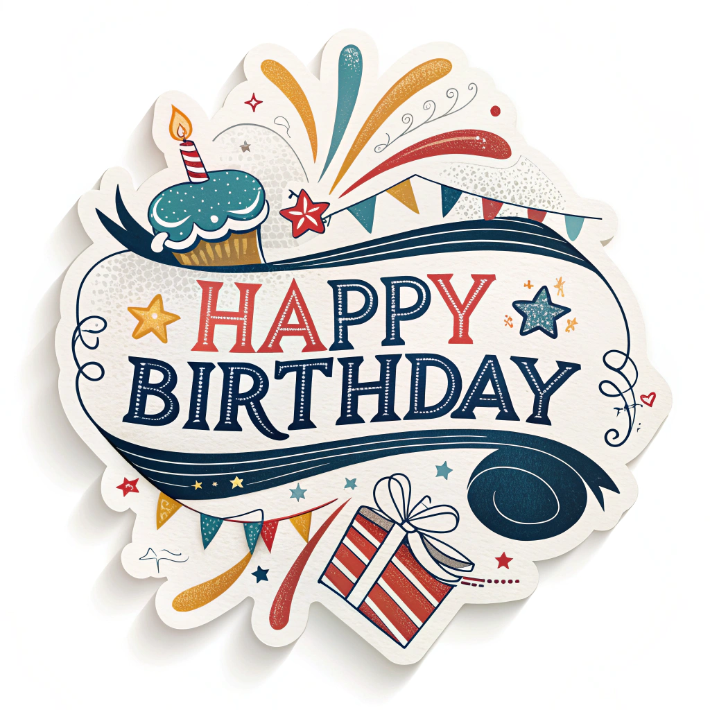 Sub Design 4: A badge-style sticker with 'Happy Birthday' in a decorative font, with streamer accents radiating outwards.