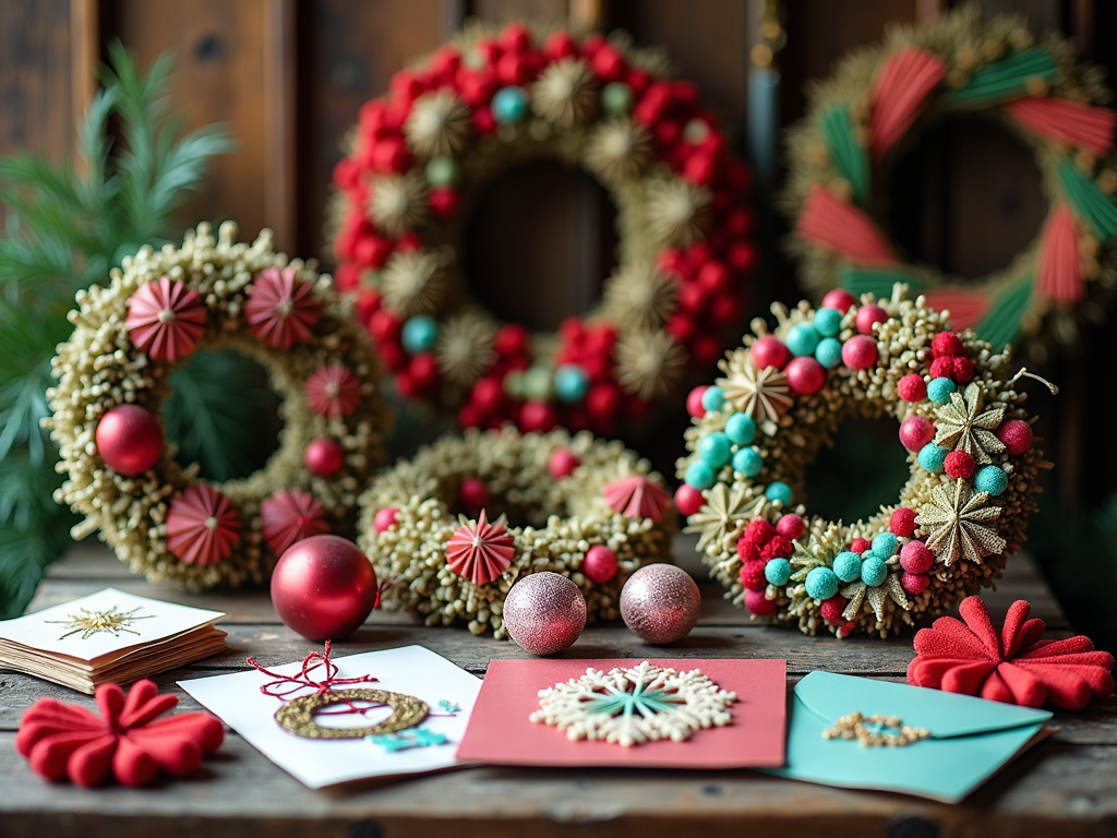 A stunning display of handcrafted Christmas crafts, including wreaths, ornaments, and cards, set on a rustic table. The vibrancy of colors and creativity showcases the artistic talent and festive spirit of the creators. Each piece tells a personal holiday story, reflecting the warmth and joy of handmade traditions.