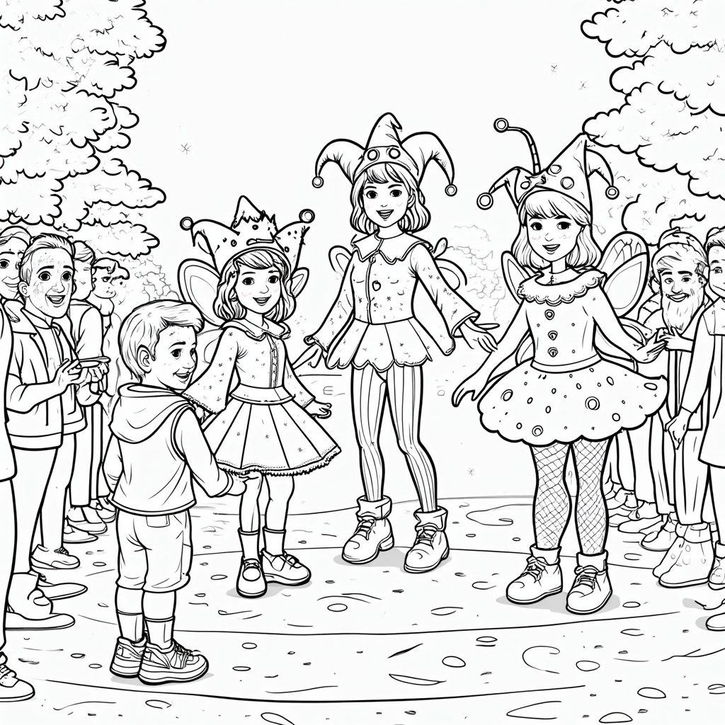 A whimsical page featuring costumed characters (e.g., fairies, stilt walkers, jesters) adorned with LED lights or glow-in-the-dark paint, interacting with children in the crowd who are holding glow sticks. The background shows blurred lights and confetti.